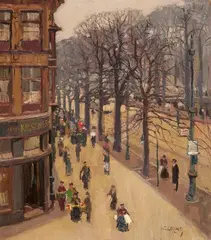 Wilhelm Lucas, View of the Königsallee, Düsseldorf, Oil on canvas, mounted on hardboard