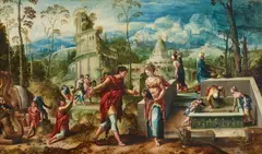 Cornelis Buys, Rebekah and Eliezer at the well, Oil on panel