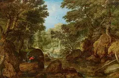 Marten Ryckaert, A wooded river landscape with Hunters, Oil on panel