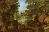 Marten Ryckaert, A wooded river landscape with Hunters, Oil on panel