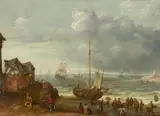 Adam Willaerts, A coastal landscape with Dutch fisherman unloading their catch, Oil on panel