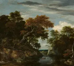 Jacob van Ruisdael, A stream in a wooded rocky landscape, Oil on canvas (relined)