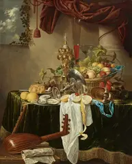 Jan Davidsz. de Heem, An opulent still life featuring silverware, a Wanli bowl of fruit, oysters on a silver plate, and a lute in the foreground, Oil on canvas (relined)
