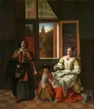 Pieter de Hooch, Woman sewing by a window with a maidservant and child, Oil on canvas (relined)