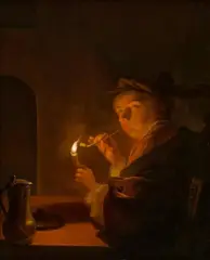 Godfried Schalcken, A man lightening a pipe by candlelight, Oil on panel