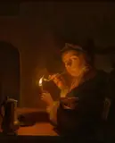 Godfried Schalcken, A man lightening a pipe by candlelight