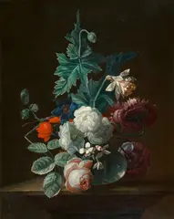 attributed to Simon Verelst, A floral still life featuring roses and carnations in a glass vaseon a ledge, Oil on canvas (relined)