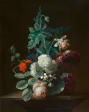 attributed to Simon Verelst, A floral still life featuring roses and carnations in a glass vaseon a ledge, Oil on canvas (relined)