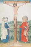 German School around 1480 & 1500, Christ on the Cross with Mary and John, Gouache on parchment