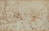 Jan Brueghel the Elder, Winter landscape with a frozen canal and ice skaters (recto)
The bird trap (verso), Pen in brown