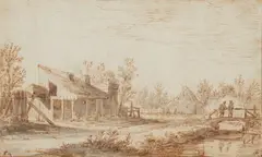 Jan van Goyen, Landscape with Houses, a Stream and a Bridge with Two Figures, Pen in brown, brush in grey