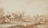 Jan van Goyen, Landscape with Houses, a Stream and a Bridge with Two Figures, Pen in brown, brush in grey