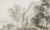 Joseph Franz Goez, Two rocky landscapes with ruins and figures, Brush in Grey. Jeweils