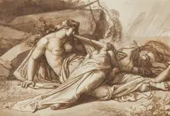 Gottlieb Schick, Niobe mourns her dead daughters, Pen and brush in brown on handmade paper