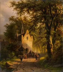 Barend Cornelis Koekkoek, A wooded Landscape with a chapel at sunset, Oil on panel