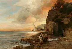 Oswald Achenbach, Bathers on the coast near Sorrento, Oil on canvas (relined)