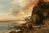 Oswald Achenbach, Bathers on the coast near Sorrento, Oil on canvas (relined)