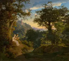 August Lucas, Panoramic Landscape with Lautist and a Young Woman by a Castle, Oil on canvas (relined)