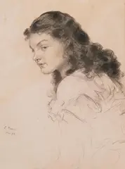 Ludwig Knaus, A portrait of a young woman, Black chalk on paper on cardboard