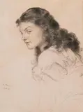 Ludwig Knaus, A portrait of a young woman, Black chalk on paper on cardboard