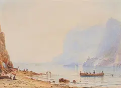 Carl Morgenstern, A southern bay with boats and fishermen, Watercolour