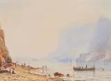 Carl Morgenstern, A southern bay with boats and fishermen, Watercolour