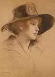 Friedrich August von Kaulbach, Woman with a hat, Pastel on paper