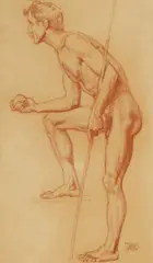 Franz von Stuck, Standing male nude with an apple and a lance, Red chalk on grey laid paper