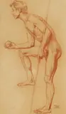Franz von Stuck, Standing male nude with an apple and a lance, Red chalk on grey laid paper