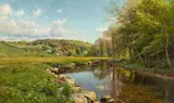 Peder Mørk Mønsted, Flower Meadow by a Stream in Spring, Oil on canvas