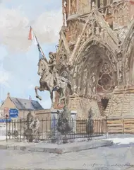 François Flameng, The statue of Joan of Arc on horseback in front of Reims Cathedral, Watercolour