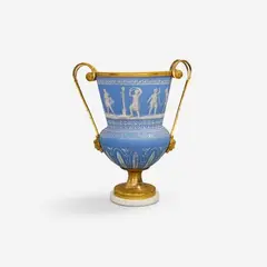Werner & Mieth, A museum-quality Berlin glass krater-form vase, Powder-blue coloured glass with a matte surface, painted in white, gilt bronze, white marble. Decorated with a frieze of figures in classical attire around an altar. Scroll handles issuing from mascarons. The rim and shaft mounted with metal. A crack below one handle