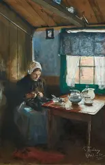 Franz Skarbina, Seamstress in the Parlour, Gouache, heightened in white, on paper