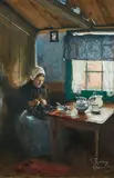 Franz Skarbina, Seamstress in the Parlour, Gouache, heightened in white, on paper