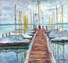 Philipp Franck, Bootssteg mit Segelbooten, 1933, Oil on canvas. Height