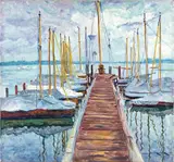 Philipp Franck, Bootssteg mit Segelbooten, 1933, Oil on canvas. Height