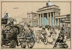 Am Brandenburger Tor by Heinrich Zille, Circa 1917/1918, Pen and ink, watercolour in black and blue chalk over pencil drawing, opaque white on firm wove paper, ounted on card. H, sold Apr 2026