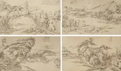 Zhang Qia, Four paintings of landscape. 1755, Horizontal scroll. Ink on paper. Four different landscapes with rocks and rivers mounted on a scroll. a) Inscription, dated cyclically Qianlong yihai (1755). Signed Zhang Qia and two seals (unread). b) Inscription and signed Zhang Qia and sealed Yuchuan xiaoyi. c) Inscription and two seals (unread). d) Dated cyclically yihai. Inscribed Zijiu and one seal (unread). Title label dated cyclically Guangxu guimao (1903). Wooden box. a)
