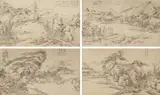 Zhang Qia, Four paintings of landscape. 1755, Horizontal scroll. Ink on paper. Four different landscapes with rocks and rivers mounted on a scroll. a) Inscription, dated cyclically Qianlong yihai (1755). Signed Zhang Qia and two seals (unread). b) Inscription and signed Zhang Qia and sealed Yuchuan xiaoyi. c) Inscription and two seals (unread). d) Dated cyclically yihai. Inscribed Zijiu and one seal (unread). Title label dated cyclically Guangxu guimao (1903). Wooden box. a)