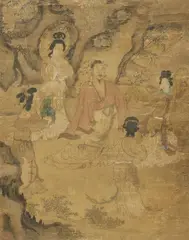 Csou Fang, An Immortal. 17th century or earlier, Hanging scroll. Ink and colours on silk. Depicting an immortal in the centre in a flowing robe, his head adorned with white flowers. Around him are four elegantly dressed fairies with elaborately styled cloud knots in their hair. One of them handing him a bronze wine vessel, another presenting him with a box of books, while a third dances in front of him and a fourth playing the lute for him. Signed Zhou Fang and four seals (unread)