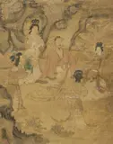 Csou Fang, An Immortal. 17th century or earlier, Hanging scroll. Ink and colours on silk. Depicting an immortal in the centre in a flowing robe, his head adorned with white flowers. Around him are four elegantly dressed fairies with elaborately styled cloud knots in their hair. One of them handing him a bronze wine vessel, another presenting him with a box of books, while a third dances in front of him and a fourth playing the lute for him. Signed Zhou Fang and four seals (unread)