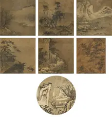 Ma Yuan, Seven paintings. Ming/Qing dynasty, Leporello album with seven small paintings. Ink on silk and paper. Signed Li Tang, Xianxi, Guo Xi, Ma Yuan, Daosheng and Zizhao. Hard wooden covers with title label "Song Yuan ren jice, guiyou (1873) shengti." Album incomplete. Paintings in various sizes: from