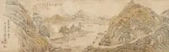 Wu Rongguang, Landscape. 18th century, Horizontal scroll. Ink and colors on silk. Inscription, dated cyclically Qianlong jiawu (1774). Signed Zhuchu Qiaoand sealed Qian Weiqiao yin and Zhuchu. Collector's inscription at the lower left, dated Jiaqing gengwu (1810), signed Wu Rongguang and sealed Wu Rongguang. Framed and glazed