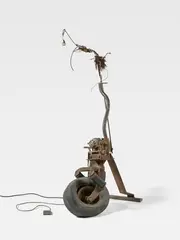 Jean Tinguely, Salutations distinguées, 1961, Welded sculpture: rubber wheel, iron frame, chain, rubber tube, springs, metal rods and electric motor. Approx