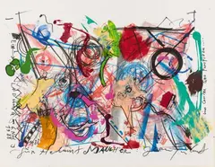 Jean Tinguely, Untitled (Einladung am 6. Nov. 1988 im Geo Pompidou...), 1988, Acrylic and Indian ink on colour lithograph on card