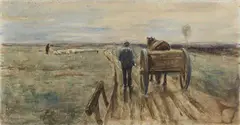 Max Liebermann, Bauer mit Pferd und Fuhrwerk, 1887, Watercolour and gouache over pencil on structured laid paper