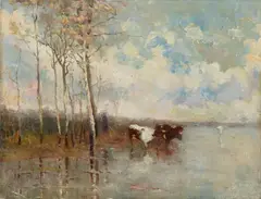 Emile Claus, Landschaft mit Kühen und Birken am Fluss, Early 1880s, Oil on canvas on panel