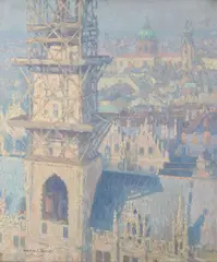 Charles Johann Palmié, Blick auf das Münchner Rathaus mit der Theatinerkirche im Hintergrund, 1900-1910, Oil on canvas