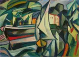 Hans Thuar, Segelboot und Schiff in grüner Flusslandschaft, 1913, Oil on paper, laid down on fibreboard