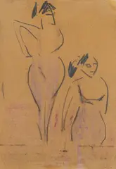 Ernst Ludwig Kirchner, Zwei Modelle, 1909/1910, Coloured chalk and pencil on brownish paper